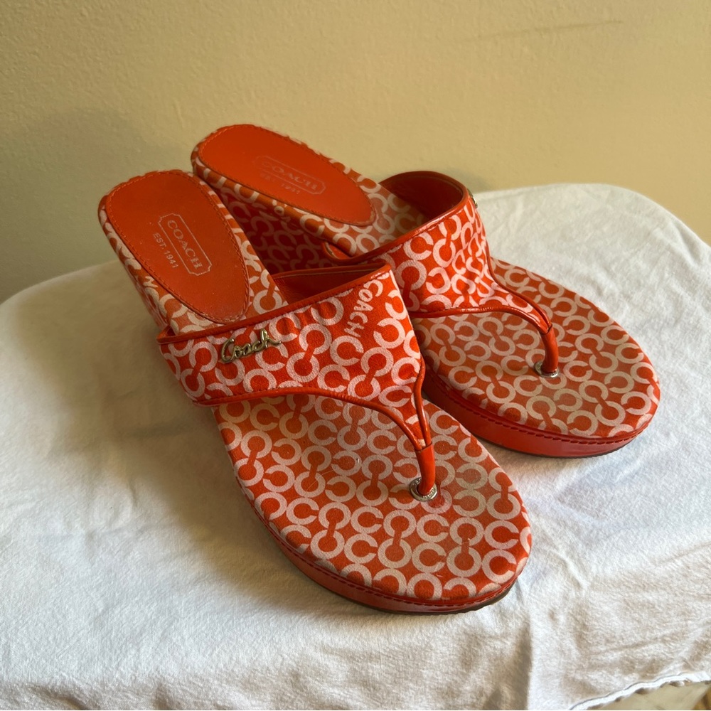 Coach Pink Red Wedge Thong Sandal 7.5